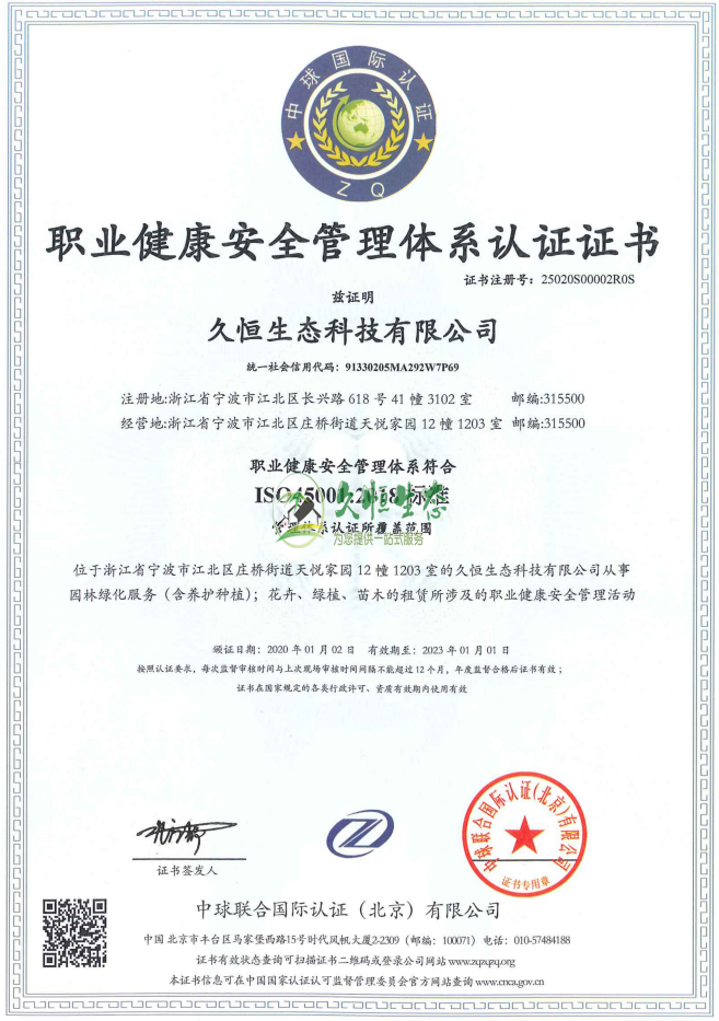 庐阳职业健康安全管理体系ISO45001证书